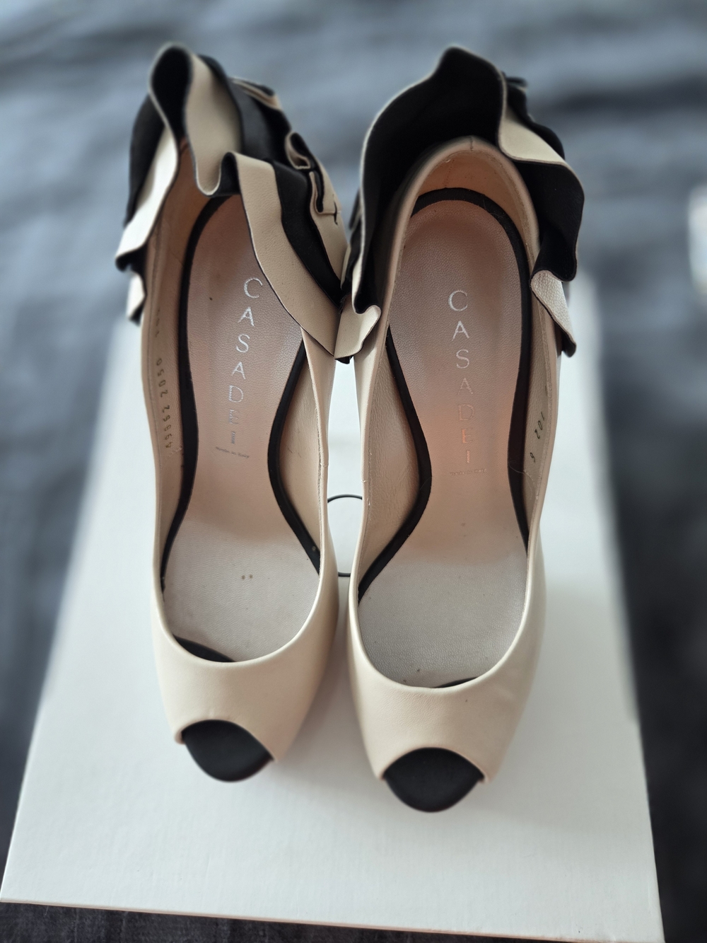 AUTHENTIC Casadei Cream and Black Peep-Toe Heels with Ruffle Trim
